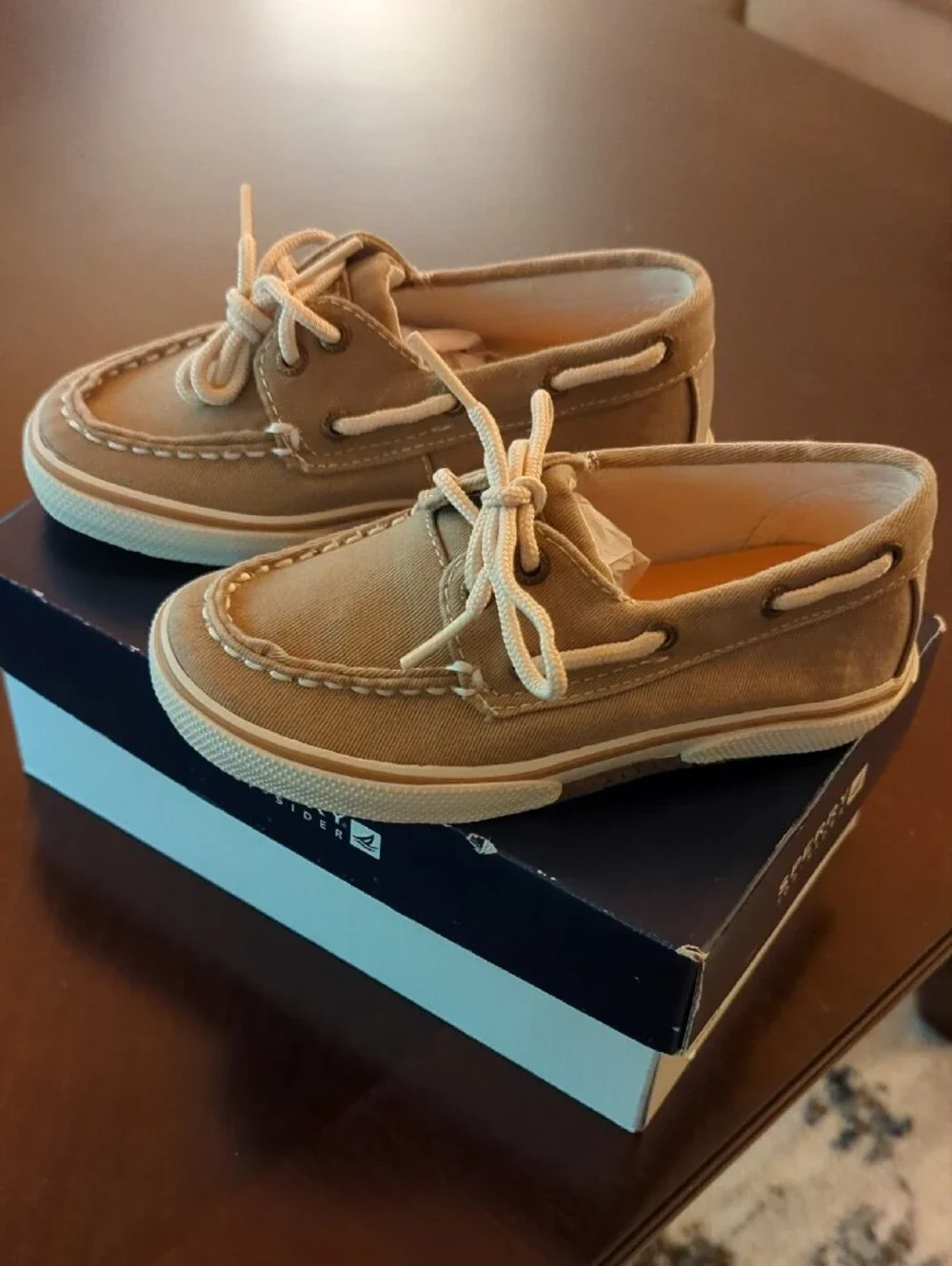 Sperry Kids Tan Canvas Boat Shoes with White Soles